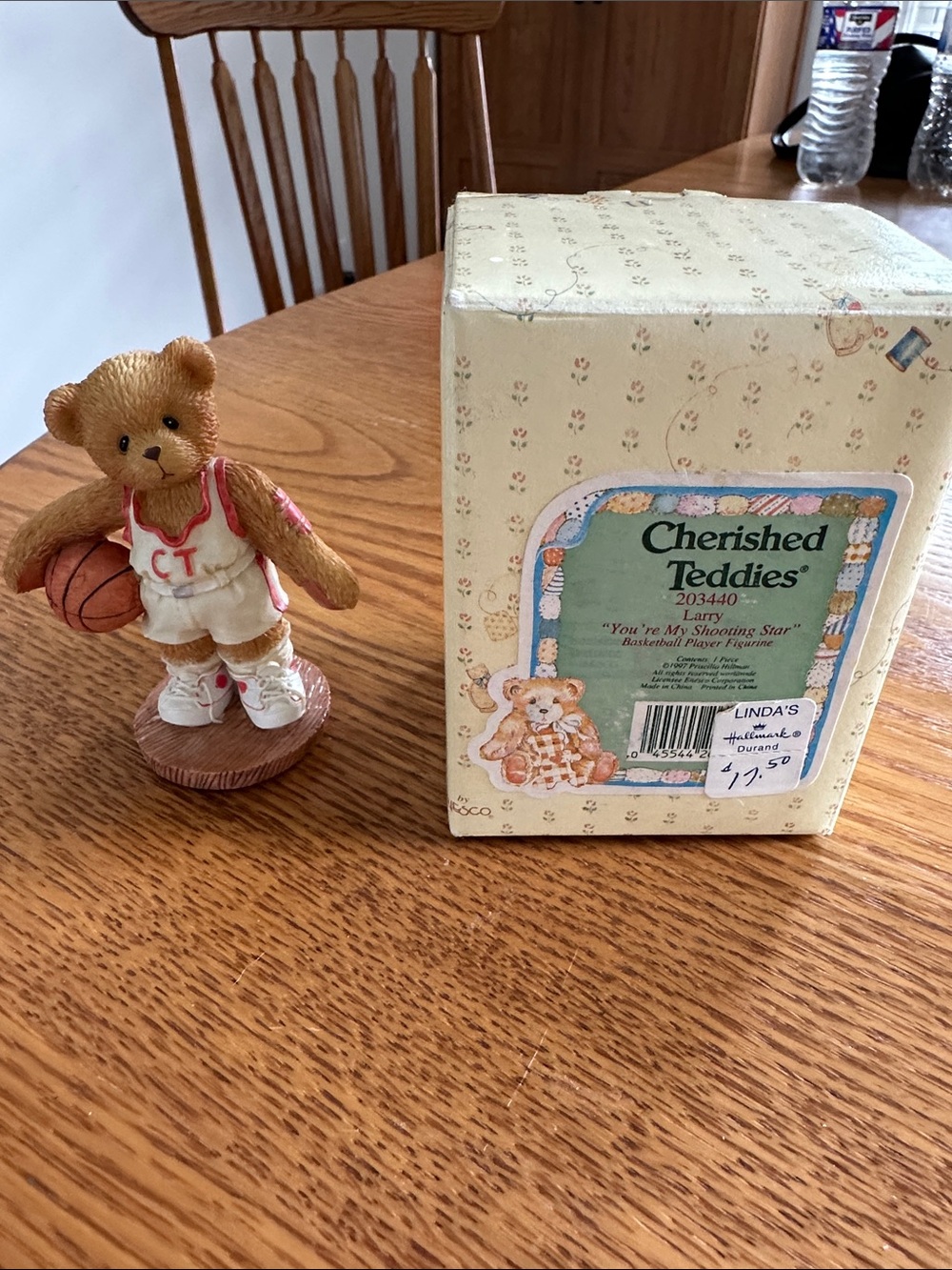 Cherished Teddies Larry Bear Basketball Figurine - Brown, White, Red
